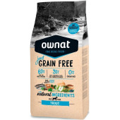 Натурална суха храна Ownat Adult Grain Free Trout - БЕЗ зърнени култури за пораснали кучета от всички породи, с 69% месо и пъстърва; разсфасовка 14кг